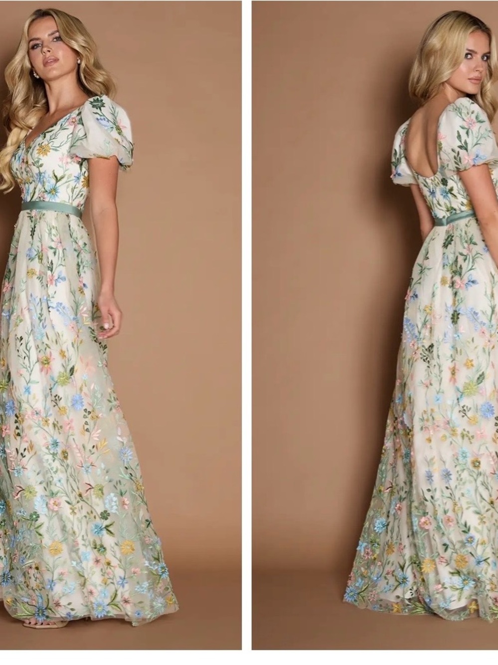 Azazie Champagne Floral Maxi Dress with Green Sash - Picture 2 of 10